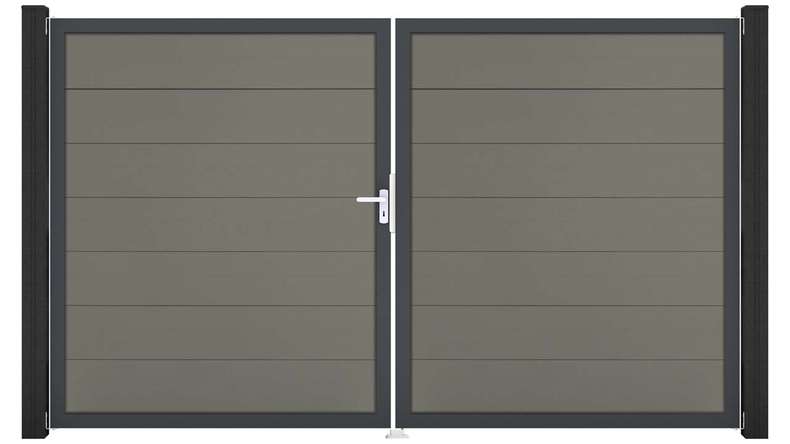 planeo Gardence Strong XL - Portail BPC - À deux battants, gris, avec cadre en aluminium