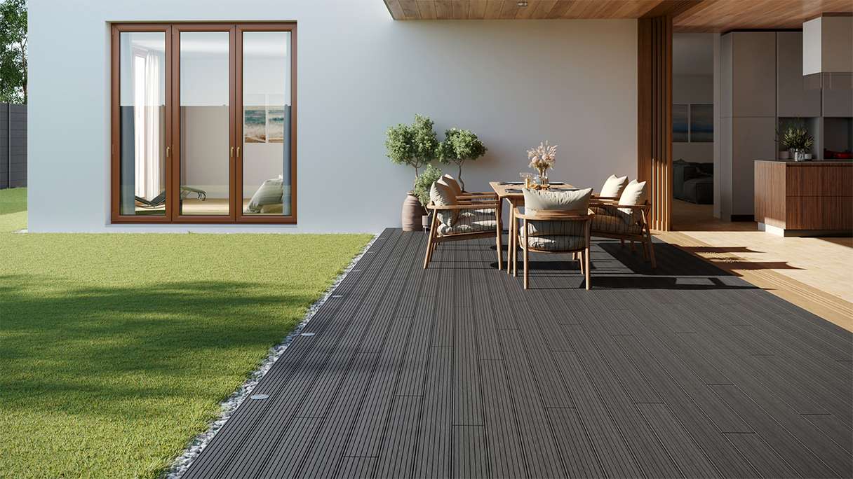 planeo LineWood Lame de terrasse WPC massif - gris foncé 3m rainuré/cannelé