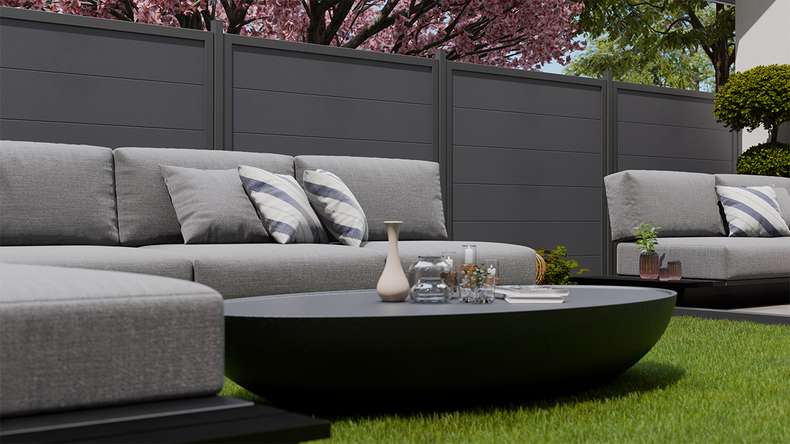 planeo Gardence Simply Guard - Clôture de jardin en PVC gris anthracite avec cadre en aluminium anthracite 180 x 180 cm
