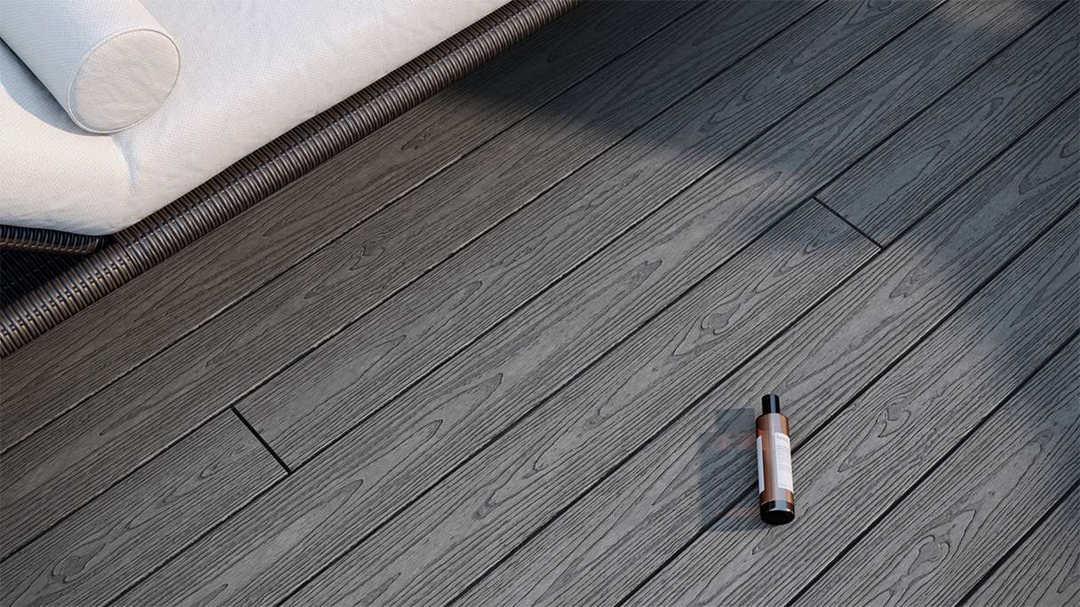 planeo CoEXWood Kit complet de terrasse en WPC Plancher massif - gris/ciment structuré
