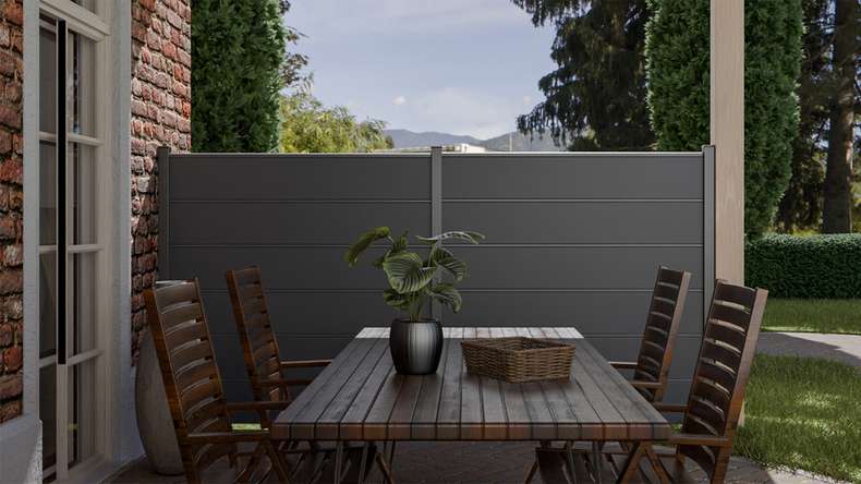 planeo Gardence Simply Premium - Clôture à emboîter en PVC gris anthracite avec pilastres en anthracite 180 x 180 cm