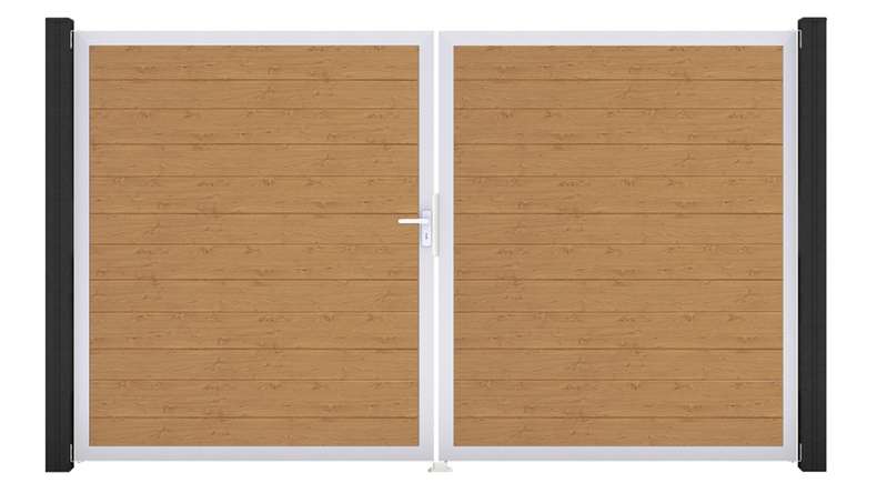 planeo Gardence Simply Small - Porte PVC - DIN gauche 2 vantaux chêne cendré naturel avec cadre aluminium argenté | EV1 300 x 180 cm