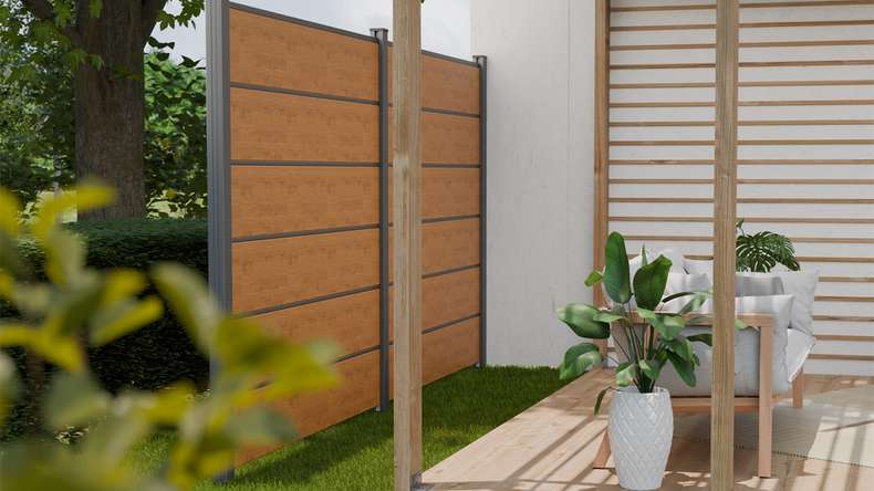 planeo Gardence Simply Premium - Clôture PVC à emboîter chêne cendré naturel avec pilastres anthracite 180 x 180 cm