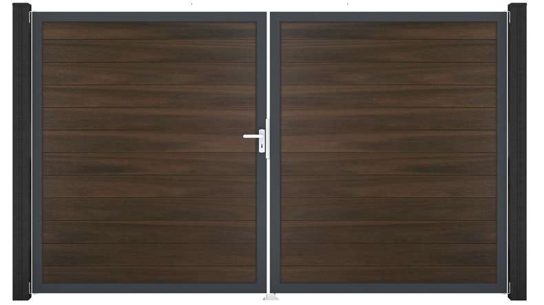 planeo Gardence Strong - Portail BPC - 2 vantaux, finition noyer co-ex avec cadre en aluminium 