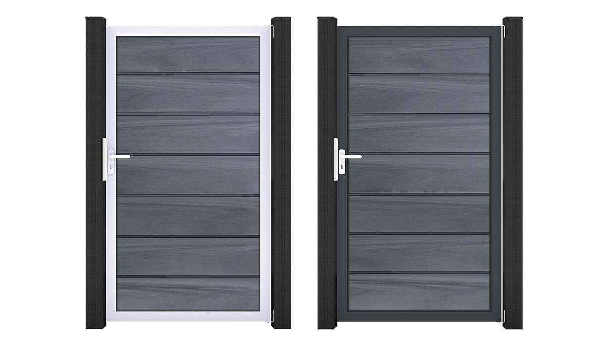 planeo Gardence Deluxe - Portillon universel BPC gris pierre, co-extrudé, avec cadre en aluminium, 100 x 180 x 4 cm