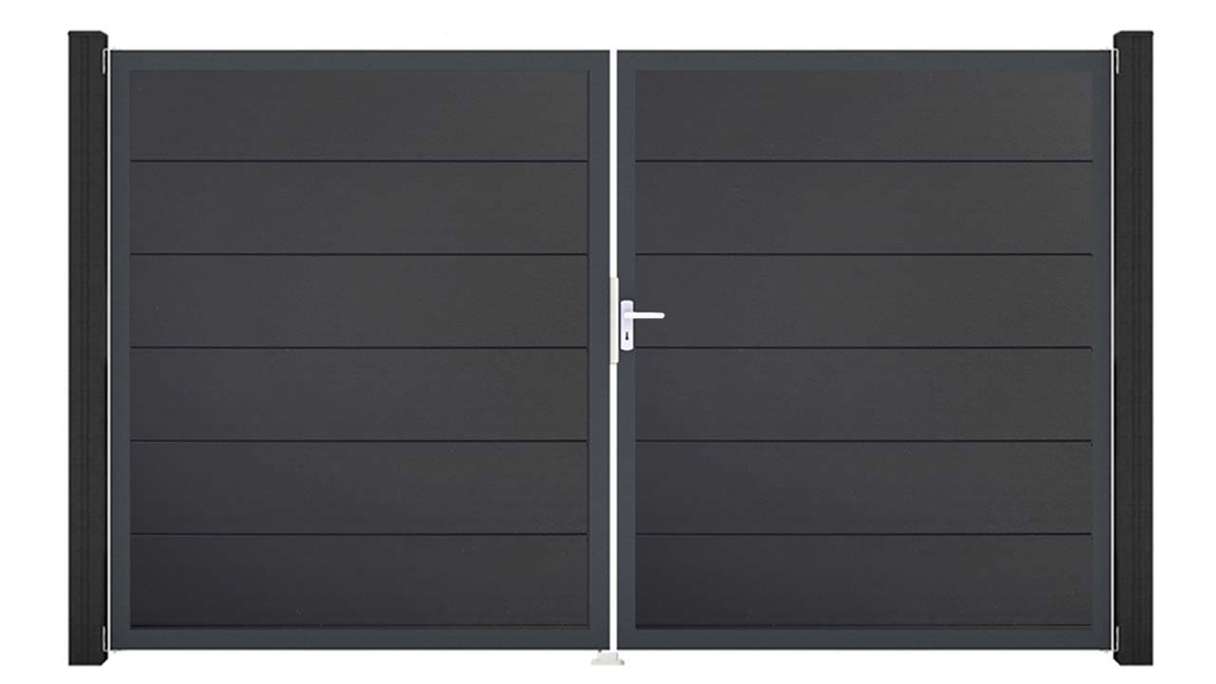 planeo Gardence Simply - Portail en PVC à deux vantaux, gris anthracite, avec cadre en aluminium