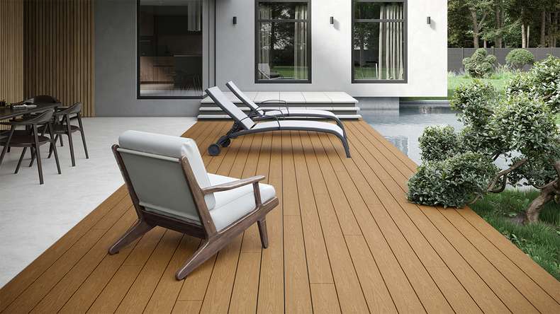 planeo CoEXWood Lame de terrasse WPC massif enrobé - Sable/Caramel 4.8m structuré