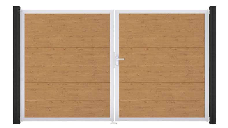 planeo Gardence Simply - Portail en PVC à deux vantaux, finition chêne naturel, avec cadre en aluminium