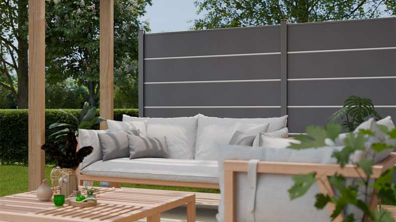 planeo Gardence Simply Premium - Clôture à emboîter en PVC gris anthracite avec pilastres en anthracite 180 x 180 cm