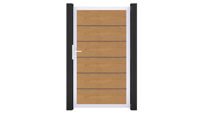 planeo Gardence Simply Premium - Portail universel en PVC « Chêne noueux naturel » avec cadre en aluminium, 100 x 180 cm
