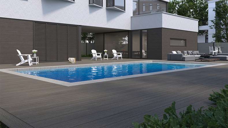 planeo MAXLine Nature - WPC CoEx lame de terrasse XL gainée chambre creuse - gris foncé 3m structuré/lisse brossé