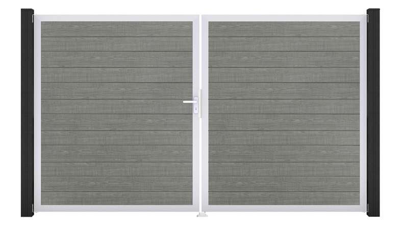 planeo Gardence Simply Small - Porte en PVC - DIN gauche 2 vantaux Grey Ash Cut avec cadre en aluminium argenté | EV1 300 x 180 cm