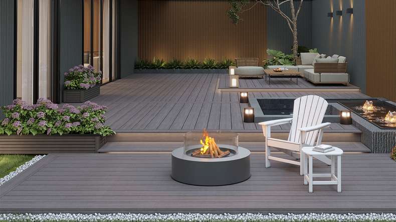 planeo MAXLine Antik - Planche de terrasse WPC CoEx gainée XL massif - gris 3m rustique structuré/lisse brossé