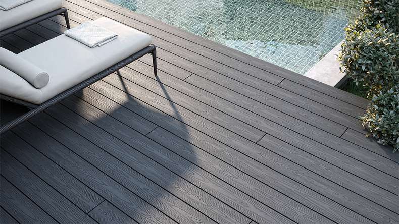 planeo CoEXWood Kit complet de terrasse en WPC Plancher massif - gris/ciment structuré