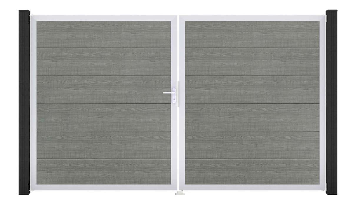 planeo Gardence Simply - Portail en PVC à deux battants « Grey Ash Cut » avec cadre en aluminium