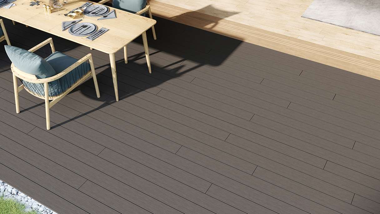 planeo LineWood Lame de terrasse WPC massif - gris clair 3m rainuré/cannelé