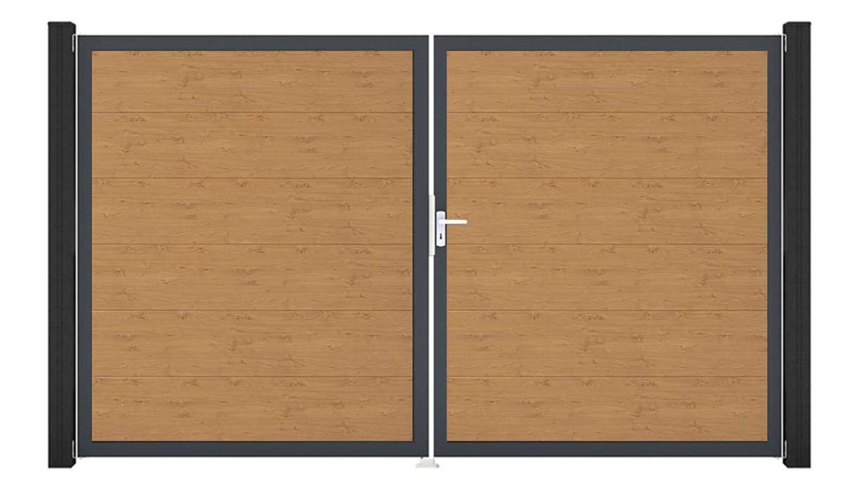 planeo Gardence Simply - Portail en PVC à deux vantaux, finition chêne naturel, avec cadre en aluminium