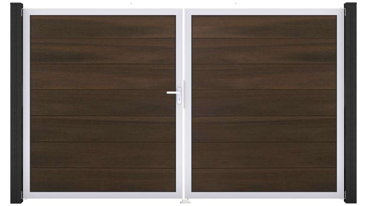 planeo Gardence Strong XL - Portail BPC - 2 vantaux, finition noyer co-ex avec cadre en aluminium