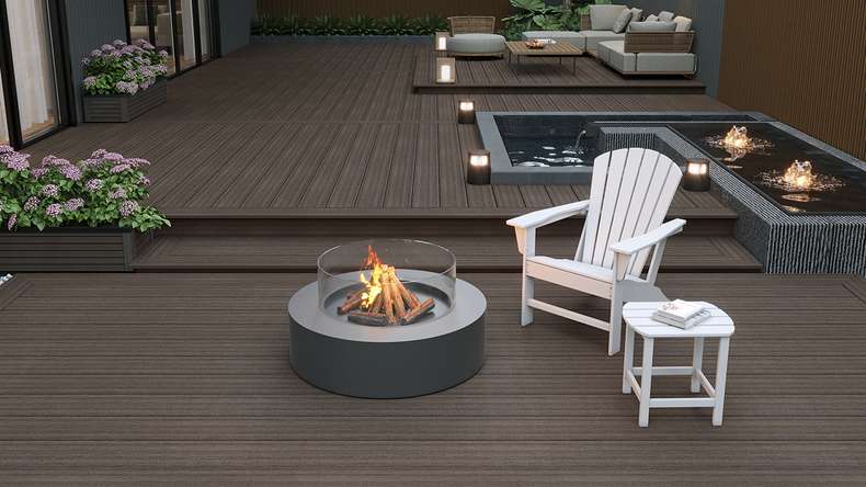 planeo MAXLine Antik - Planche de terrasse WPC CoEx gainée XL massif - brun foncé 3m rustique structuré/lisse brossé