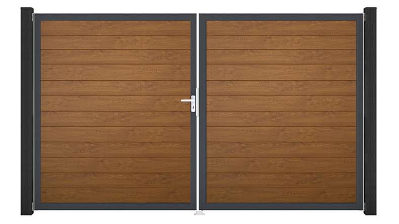 planeo Gardence Simply Small - Porte PVC - DIN gauche 2 vantaux Golden Oak avec cadre alu anthracite | DB703 300 x 180 cm