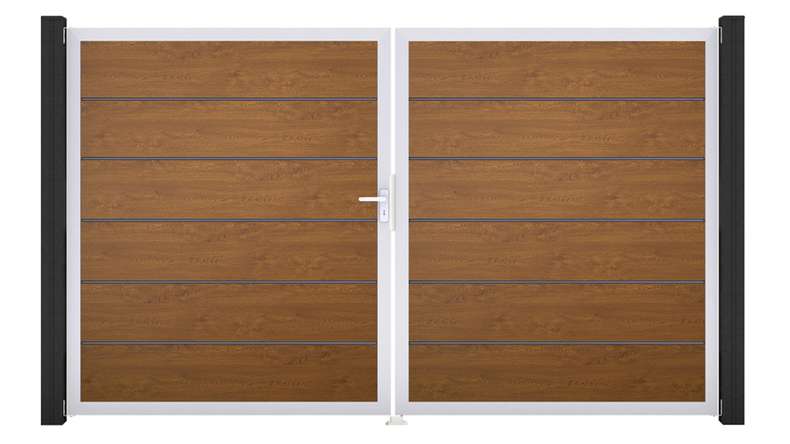 planeo Gardence Simply Premium - Porte PVC - DIN gauche 2 vantaux Golden Oak avec cadre aluminium argent | EV1 300 x 180 cm