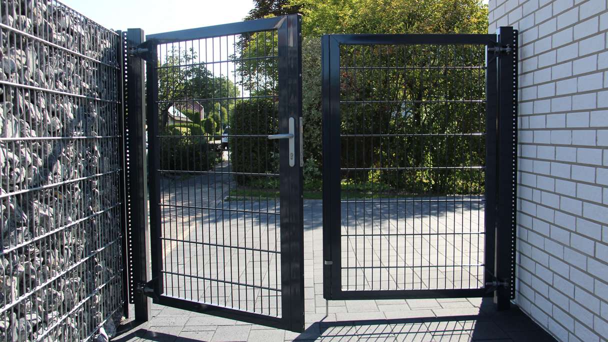 planeo Porte universelle lourde 2 vantaux Symétrique Anthracite H 1400 x L 2000 poteaux de porte inclus