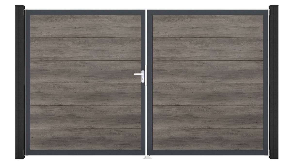 planeo Gardence Simply Guard - Portail en PVC - À deux vantaux, finition « Monument Oak » avec cadre en aluminium, 300 x 180 cm