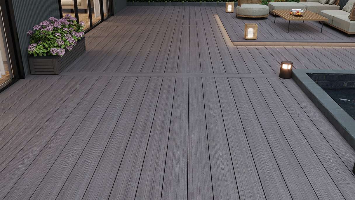planeo MAXLine Antik - Planche de terrasse WPC CoEx gainée XL massif - gris 3m rustique structuré/lisse brossé