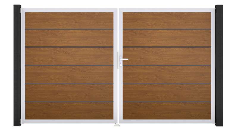 planeo Gardence Simply Premium - Portail en PVC à deux battants, coloris Golden Oak, avec cadre en aluminium, 300 x 180 cm