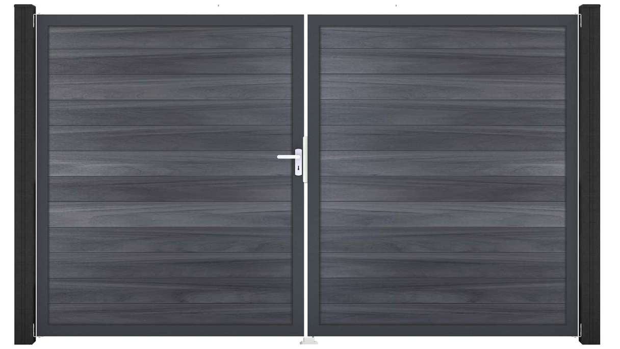 planeo Gardence Strong - Portail BPC - À deux vantaux, gris pierre, co-extrudé avec cadre en aluminium