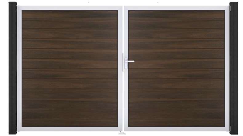 planeo Gardence Strong - Portail BPC - 2 vantaux, finition noyer co-ex avec cadre en aluminium 