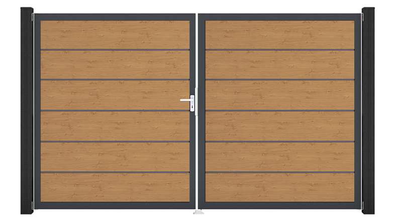 planeo Gardence Simply Premium - Portail en PVC à deux vantaux, finition chêne naturel, avec cadre en aluminium, 300 x 180 cm