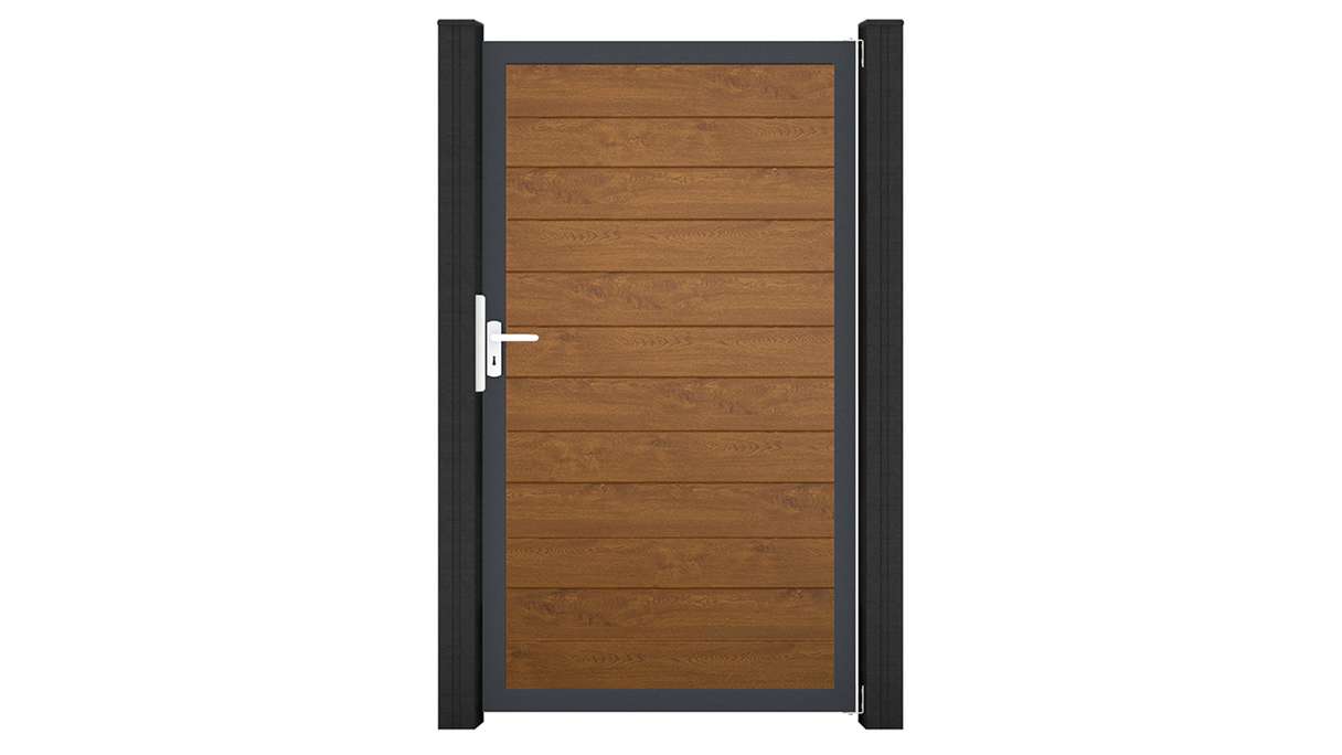 planeo Gardence Simply Small - Portail universel en PVC « Golden Oak » avec cadre en aluminium, 100 x 180 cm