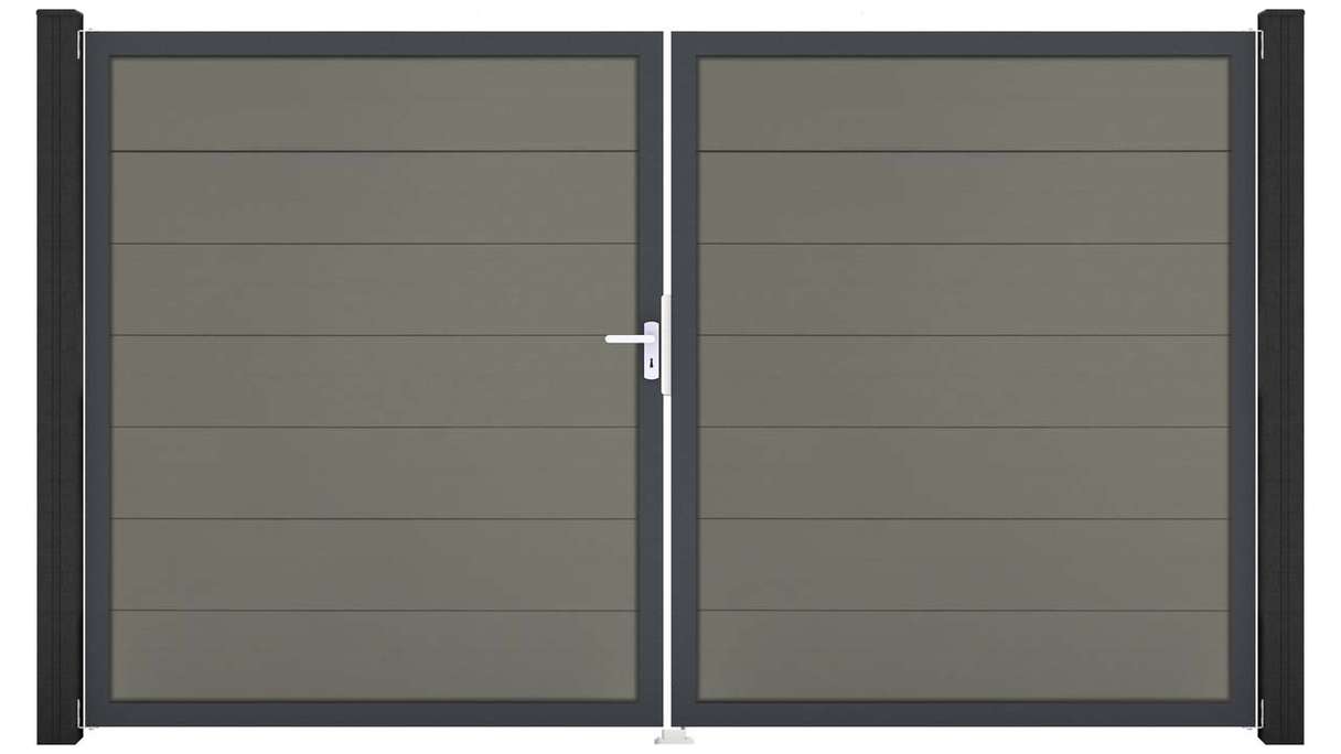 planeo Gardence Strong XL - Portail BPC - À deux battants, gris, avec cadre en aluminium