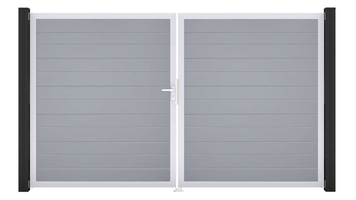 planeo Gardence Simply Small - Portail en PVC à deux vantaux, gris argenté, avec cadre en aluminium, 300 x 180 cm