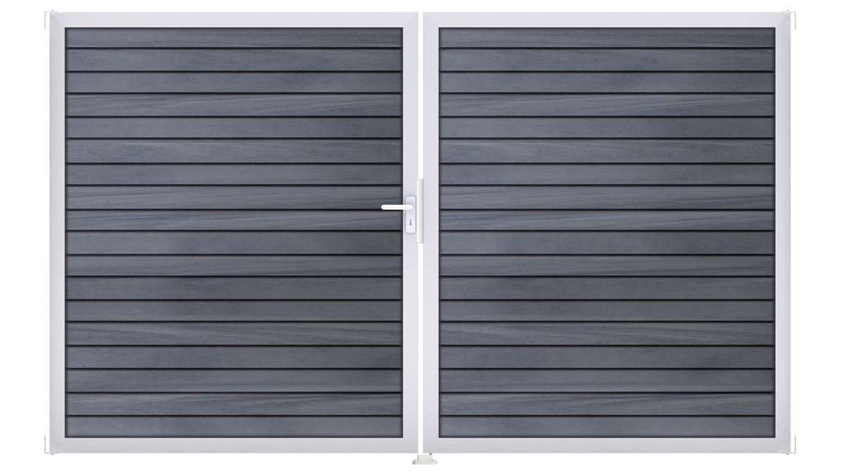 planeo Gardence Trendy - Portail BPC en losange - 2 vantaux, gris pierre, co-extrudé avec cadre en aluminium