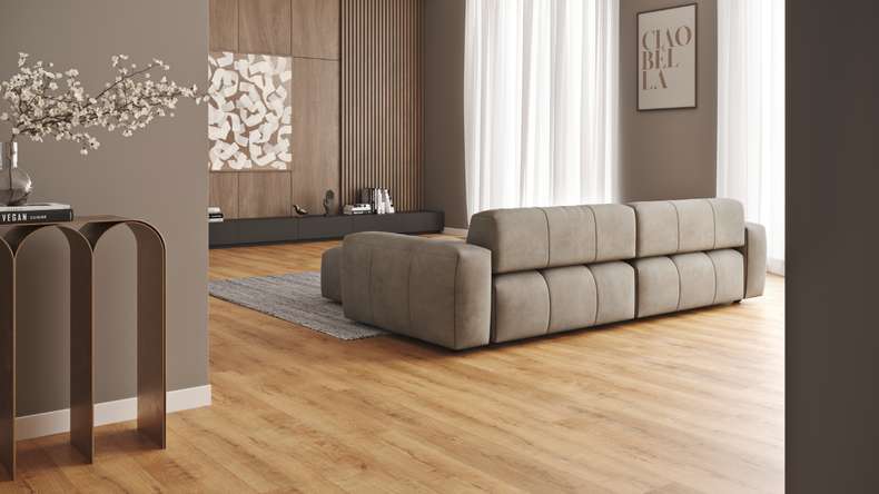 planeo rigide Sol PVC clipsable - SolutionX 2in1 Chêne brun doré | Isolation phonique intégrée (ECF-0077)