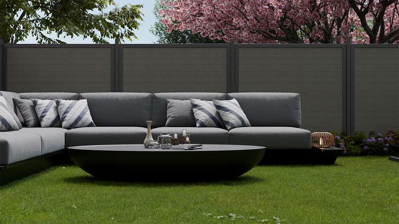 planeo Gardence Simply Guard - Clôture de jardin en PVC Monument Oak avec cadre en aluminium anthracite 180 x 180 cm