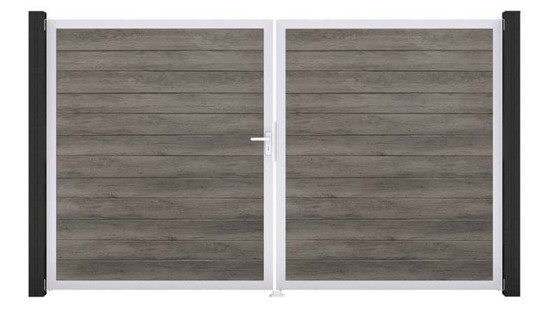 planeo Gardence Simply Small - Porte PVC - DIN gauche 2 vantaux Monument Oak avec cadre alu argent | EV1 300 x 180 cm
