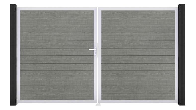 planeo Gardence Simply Small - Portail en PVC à deux vantaux « Grey Ash Cut » avec cadre en aluminium, 300 x 180 cm