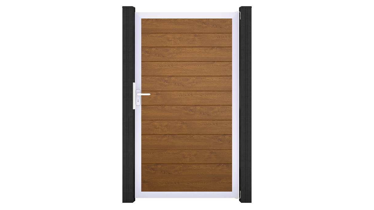 planeo Gardence Simply Small - Portail universel en PVC « Golden Oak » avec cadre en aluminium, 100 x 180 cm