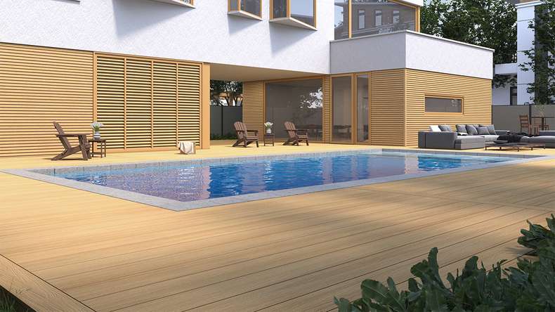 planeo MAXLine Nature - WPC CoEx lame de terrasse XL gainée chambre creuse - sable 3m structuré/lisse brossé
