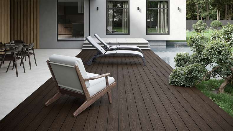 planeo CoEXWood Lame de terrasse WPC massif enrobé - brun clair/brun foncé 3m structuré