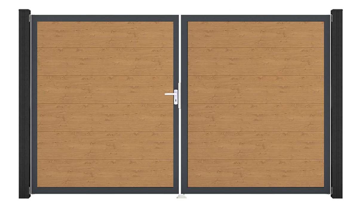 planeo Gardence Simply - Portail en PVC à deux vantaux, finition chêne naturel, avec cadre en aluminium
