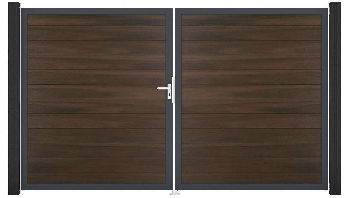 planeo Gardence Strong - Portail BPC - 2 vantaux, finition noyer co-ex avec cadre en aluminium