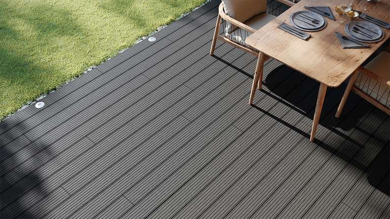 planeo LineWood Lame de terrasse WPC massif - gris foncé 3m rainuré/cannelé