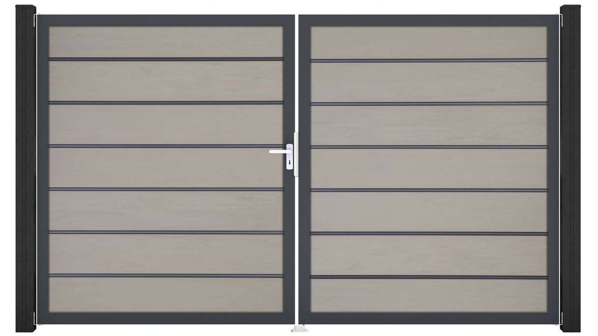 planeo Gardence Deluxe - Portail BPC - à deux vantaux, bicolore « sable », avec cadre en aluminium