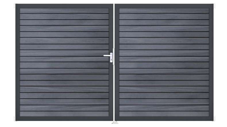 planeo Gardence Trendy - Portail BPC en losange - 2 vantaux, gris pierre, co-extrudé avec cadre en aluminium