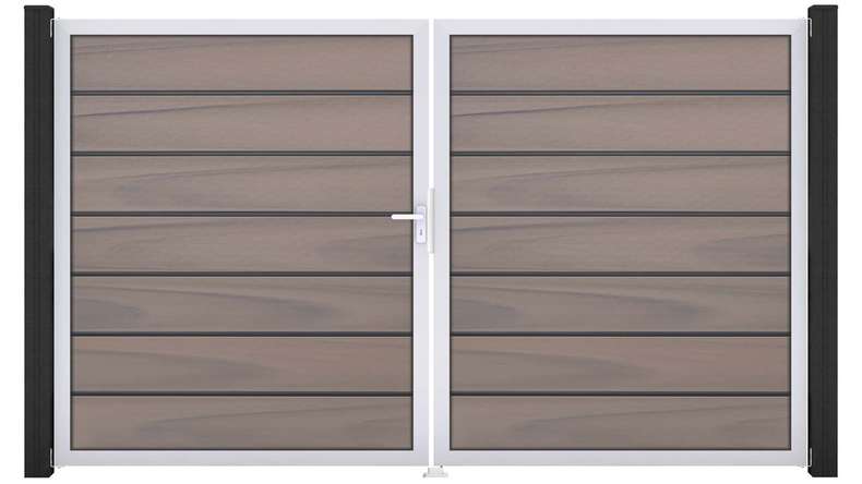 planeo Gardence Deluxe - Portail BPC - À deux vantaux, bicolore, co-extrudé, avec cadre en aluminium 