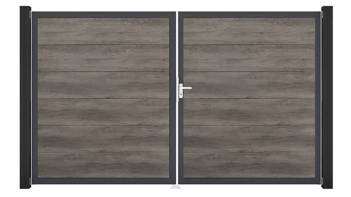 planeo Gardence Simply Guard - Portail en PVC - À deux vantaux, finition « Monument Oak » avec cadre en aluminium, 300 x 180 cm
